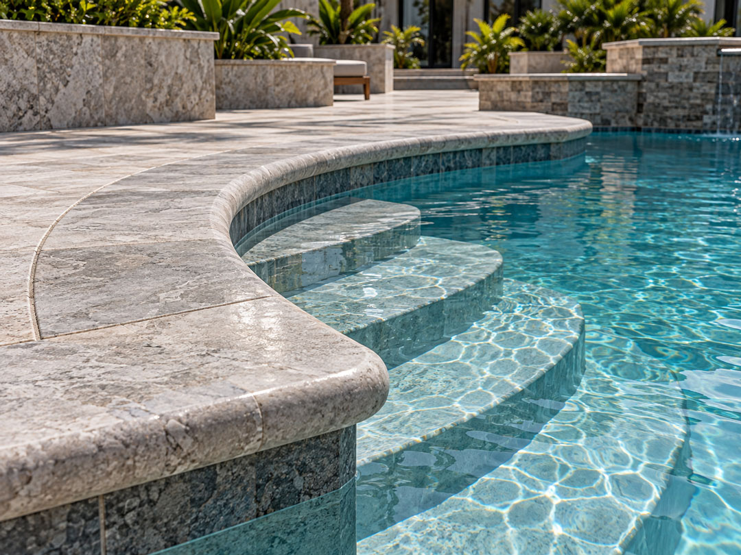 Finished stone coping around a swimming pool