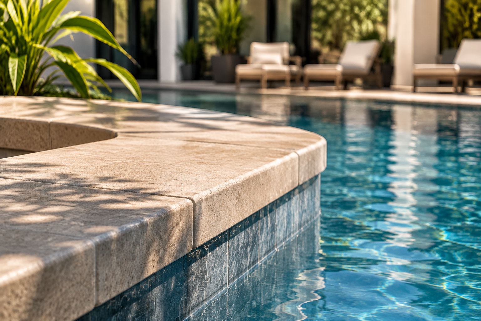 Finished stone coping along the curved edge of a swimming pool