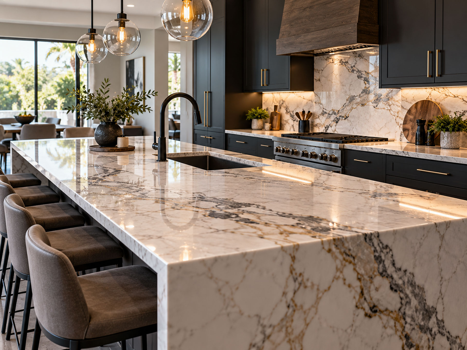 Kitchen featuring custom stone countertops and a finished stone island