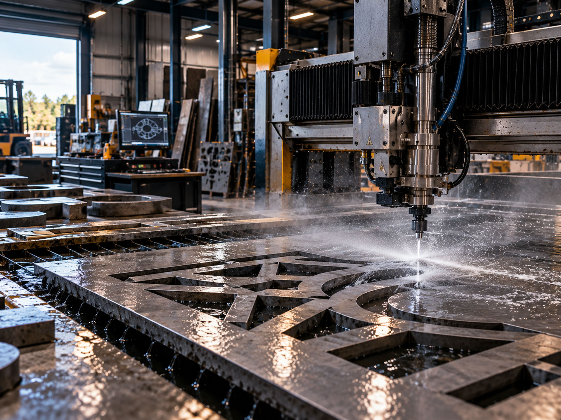 Waterjet machine cutting a steel plate in a metal fabrication workshop